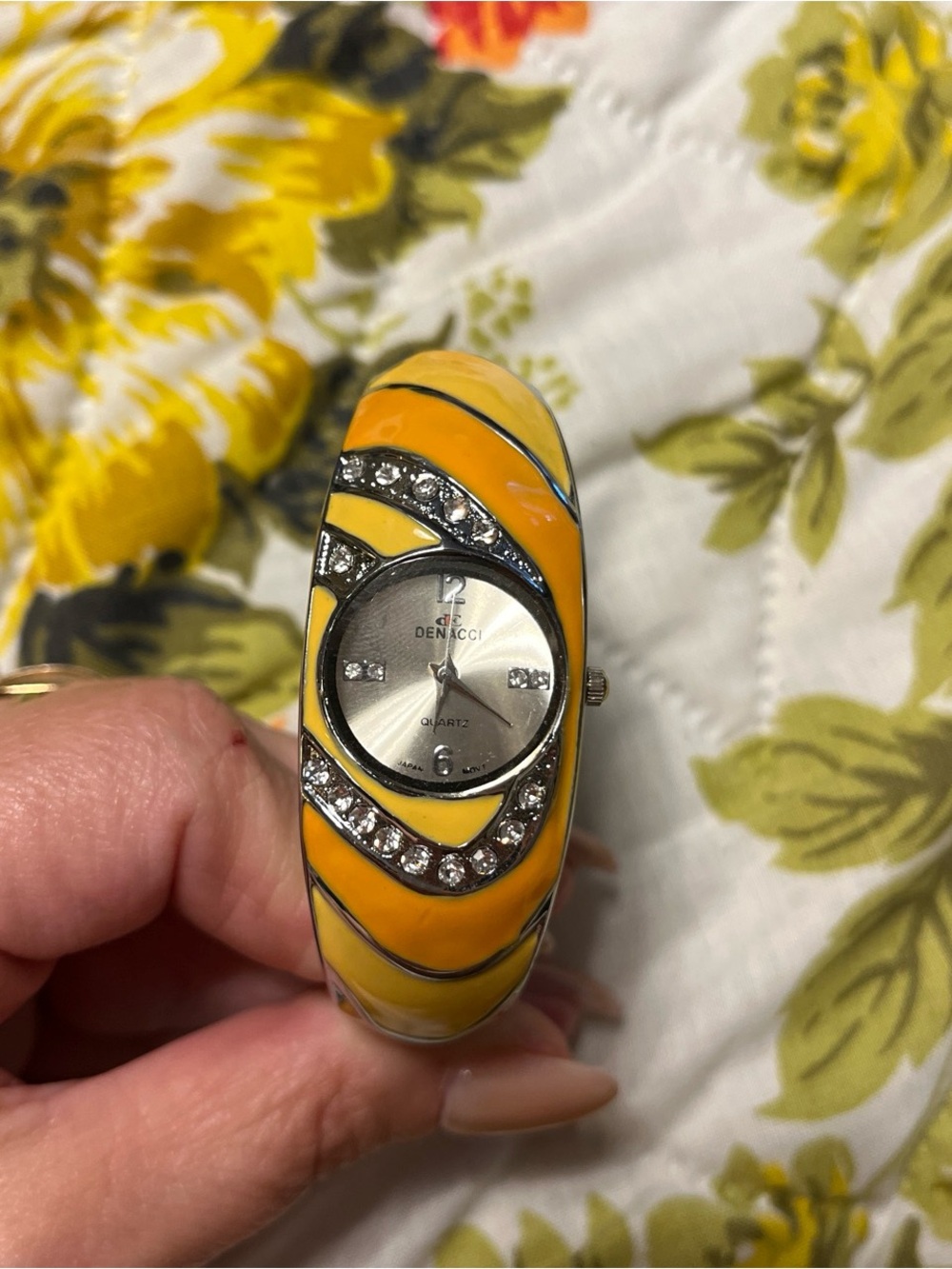 NOS 80s Yellow & Orange Bangle Watch with Crystal Accents